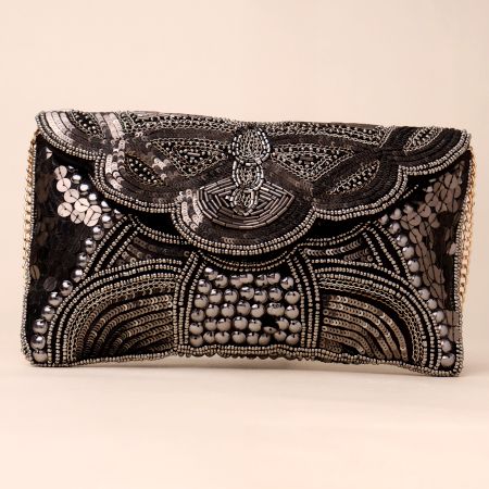 Celestial Noir Hand-Embroidered Clutch with Luxe Chain Strap