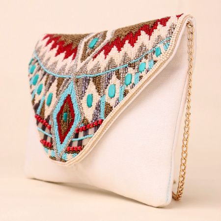 Tribal Muse Embellished Clutch with Gold Chain Strap