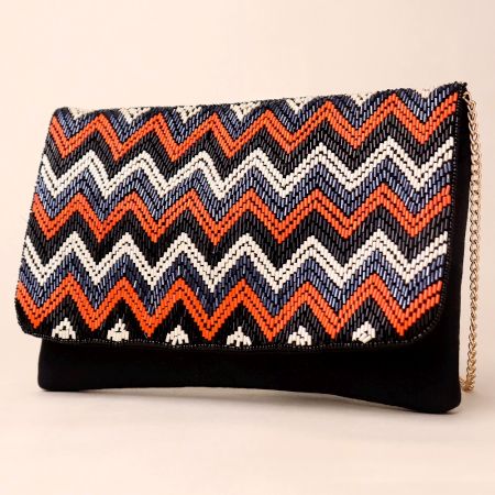 Boho Zigzag Hand-Beaded Clutch with Detachable Chain Strap
