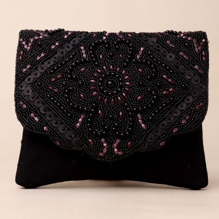 Midnight Blossom Beaded Velvet Clutch with Chain Sling
