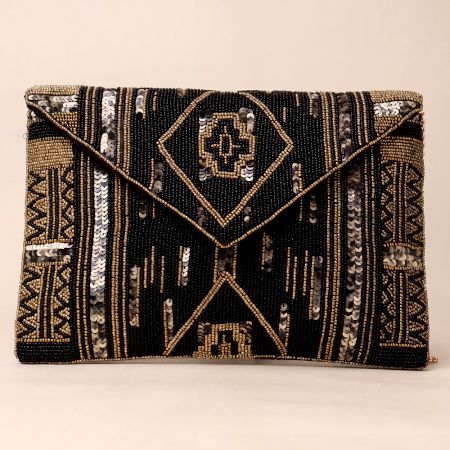 Golden Legacy Hand-Beaded Clutch with Elegant Chain Strap