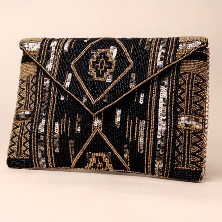 Golden Legacy Hand-Beaded Clutch with Elegant Chain Strap