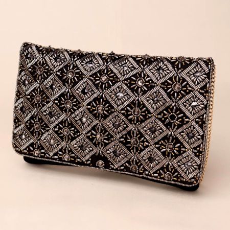 Noir Royale Hand-Beaded Clutch with Ornate Metallic Embroidery