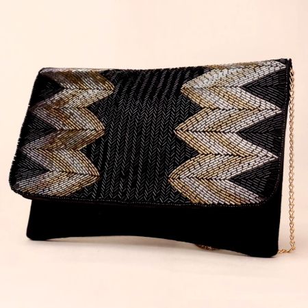 Midnight Chevron Luxe Hand-Beaded Clutch with Chain Strap