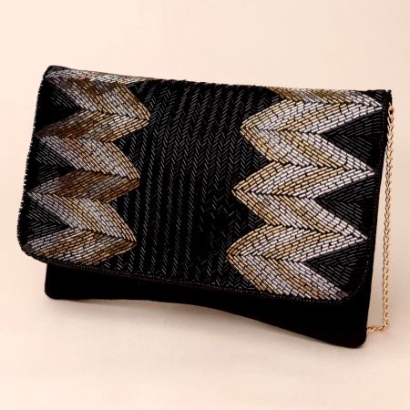 Midnight Chevron Luxe Hand-Beaded Clutch with Chain Strap