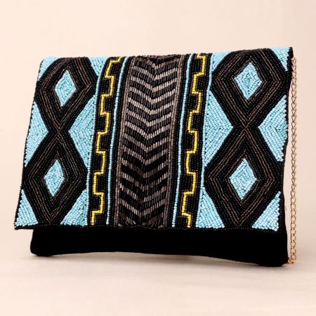 Tribal Rhythm Hand-Beaded Clutch with Chain Strap