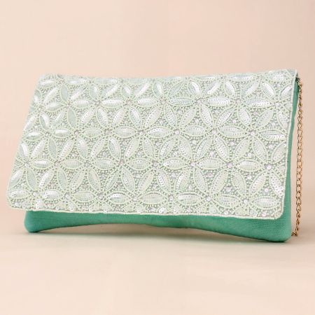 Celestial Bloom Hand-Embroidered Clutch with Elegant Chain Strap