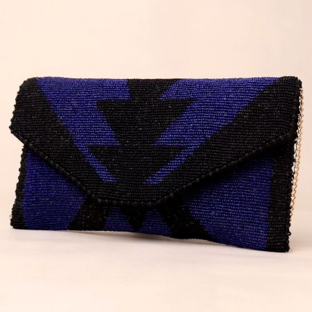 Midnight Geo Luxe Hand-Beaded Clutch with Chain Strap