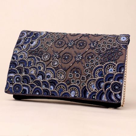 Celestial Bloom Hand-Beaded Clutch with Elegant Chain Strap
