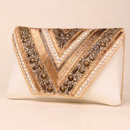 Golden Mirage Hand-Embroidered Party Clutch with Chain Strap