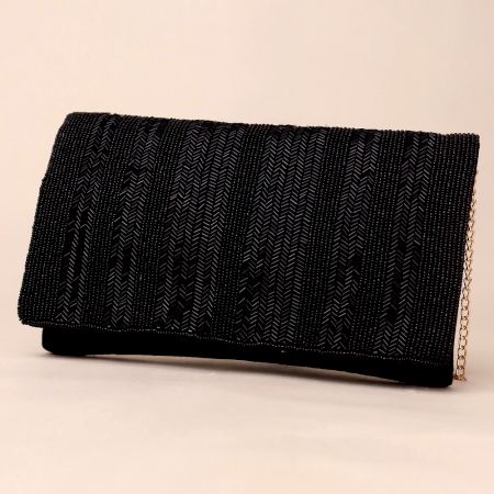 Noir Elegance Chevron Beaded Clutch with Chain Strap