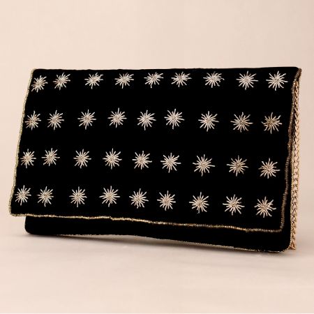 Starlit Velvet Clutch with Chain Strap and Celestial Embroidery