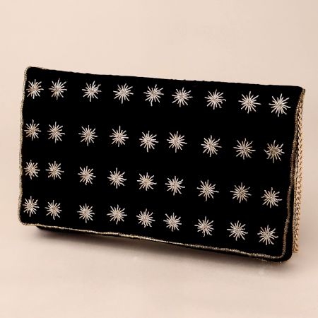 Starlit Velvet Clutch with Chain Strap and Celestial Embroidery
