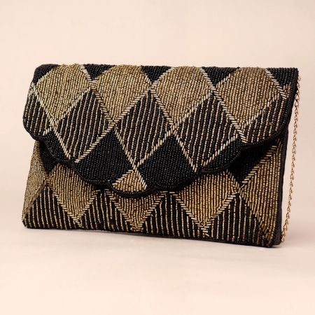 Golden Lattice Evening Clutch with Detachable Chain Strap