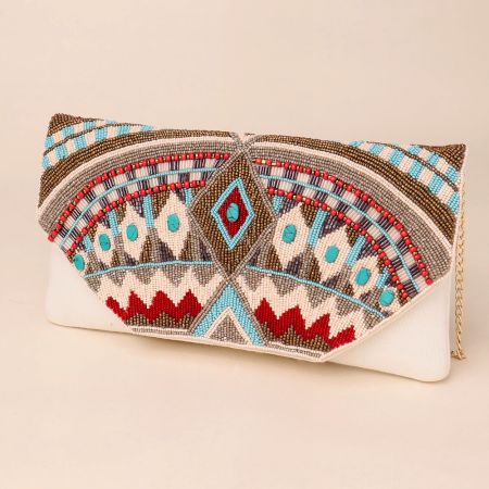 Boho Radiance Hand-Beaded Clutch with Tribal Motif and Chain Strap