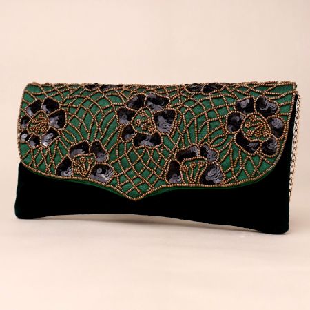 Royal Garden Hand-Beaded Velvet Clutch with Chain Strap