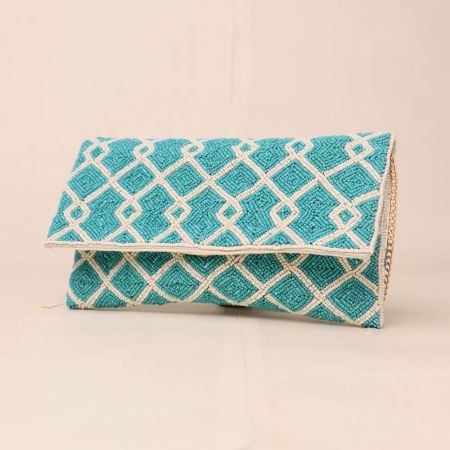 Celestial Grid Hand-Beaded Clutch with Detachable Chain Strap