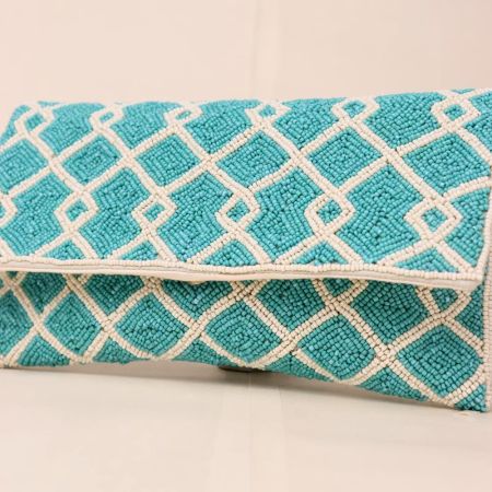 Celestial Grid Hand-Beaded Clutch with Detachable Chain Strap