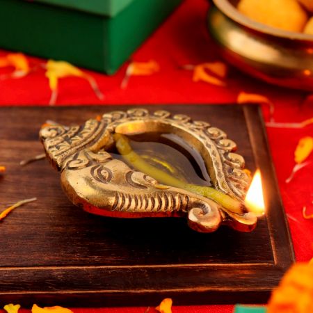 Handmade Brass Golden Ganesha Conch Design Diwali Diya