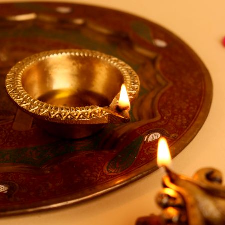 Round Handmade Brass Golden Diwali Diya For Temple Decor