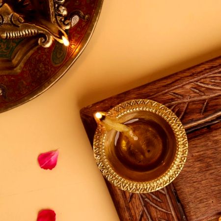 Round Handmade Brass Golden Diwali Diya For Temple Decor