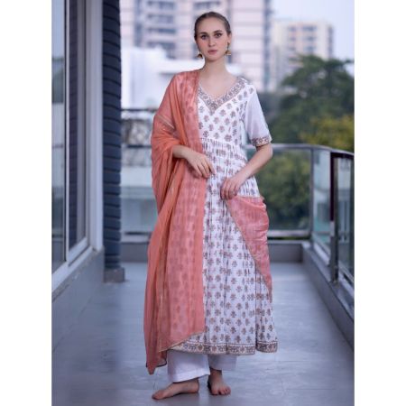 White Gathered Anarkali Set with Hand Embroidery