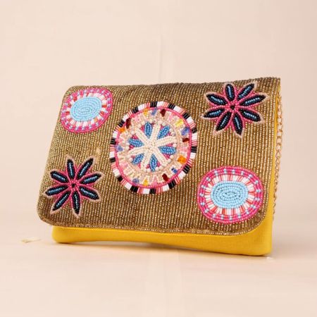 Boho Bloom Hand Beaded Clutch with Gold Chain Strap