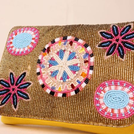 Boho Bloom Hand Beaded Clutch with Gold Chain Strap