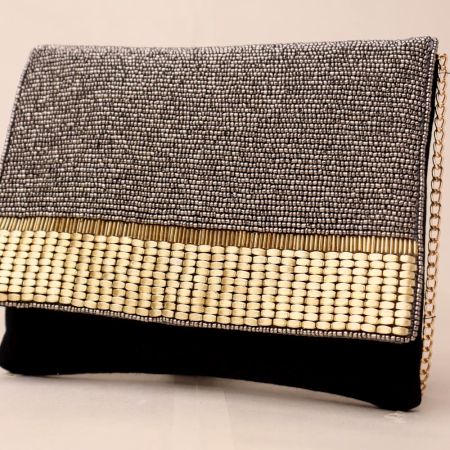 Golden Gleam Beaded Clutch with Elegant Chain Strap