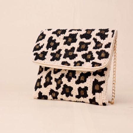 Wild Luxe Hand-Beaded Leopard Print Clutch with Gold Chain Strap