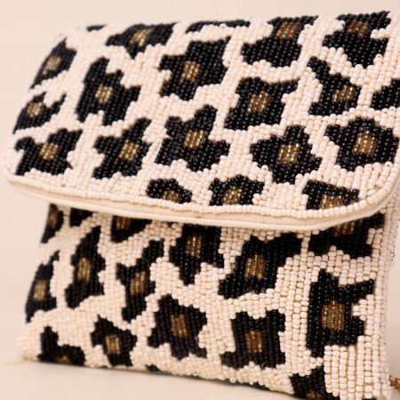 Wild Luxe Hand-Beaded Leopard Print Clutch with Gold Chain Strap