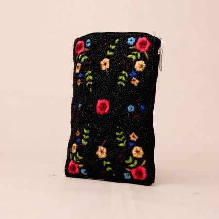 Midnight Bloom Hand-Beaded Floral Clutch with Detachable Chain Strap