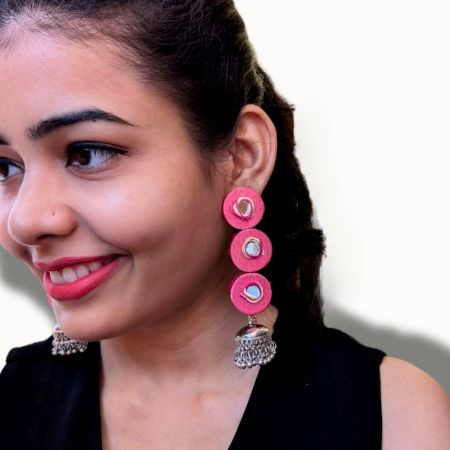 Three Drops Pink Mirror Fabric Long Earrings