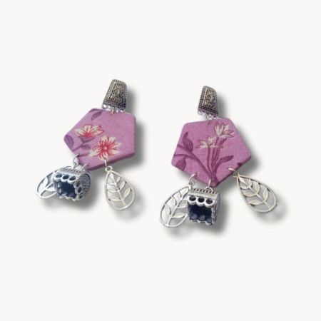 Purple Printed Floral Earrings With Silver Charm Bottom