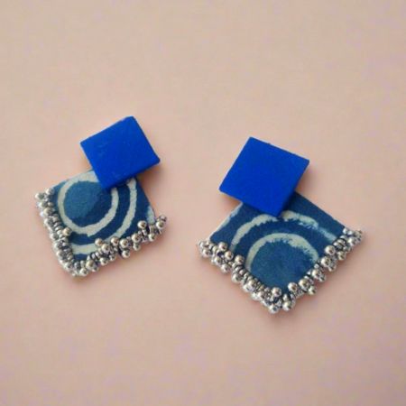 Indigo Print And Silver Ghungroo Fabric Earrings