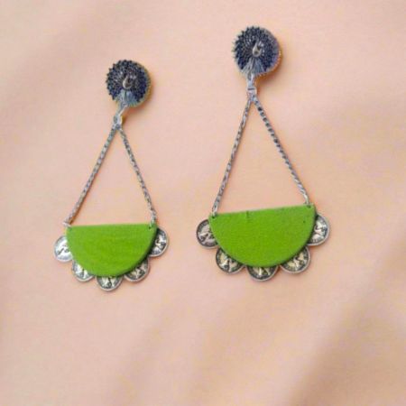 Peacock Green And Silver Chain Long Earrings