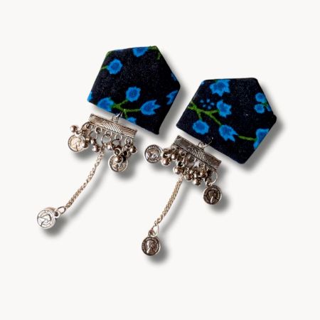 Dark Blue Floral Printed Chain Earrings For Women