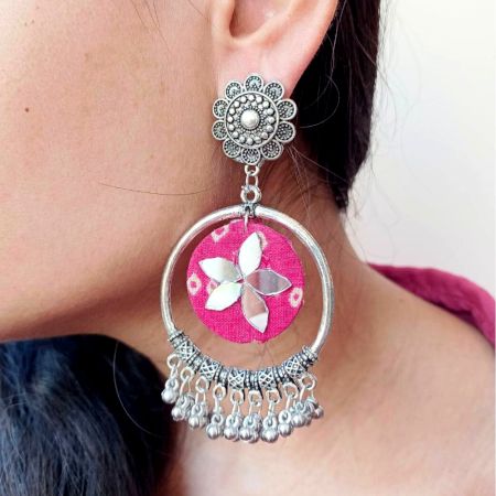 Pink Bandhani Printed Fabric Bali Ghungroo Earrings