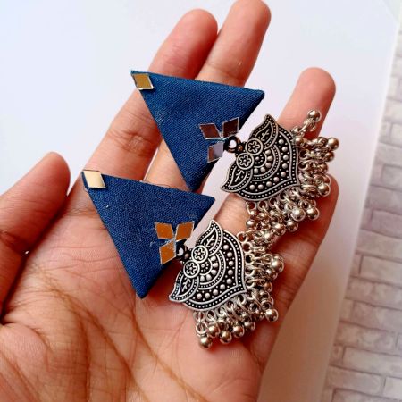 Blue Triangular Jhumka Earrings With Silver Charm
