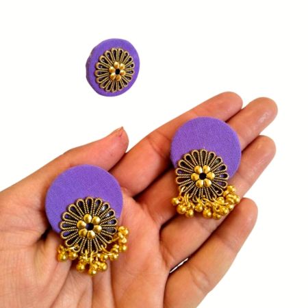 Purple Golden Round Studs Earrings With Adjustable Ring Set