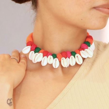 Multicolor Pom Pom Shell Adjustable Choker Necklace