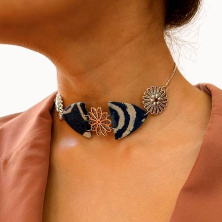 Indigo Print Silver Choker