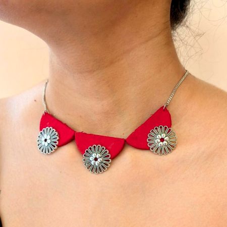 Red And Oxidized Silver Choker For Women