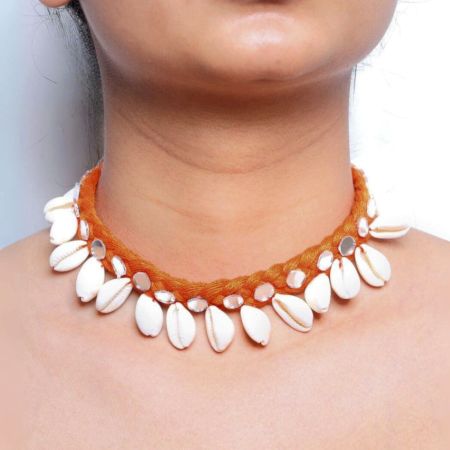 Red Threads And Mirror Shell Choker Necklace Adjustable