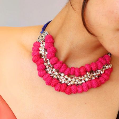 Pink Pom Pom Ghungroo Choker Plus Long Necklace