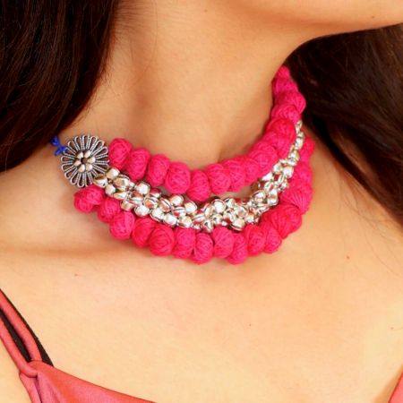 Pink Pom Pom Ghungroo Choker Plus Long Necklace