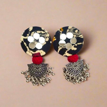 Black Printed Round Earrings With Silver Jhumki