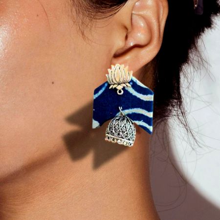 Blue Printed Fabric Lotus Charm Jhumka Earrings