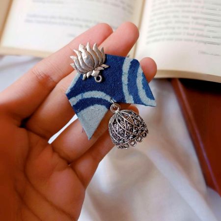Blue Printed Fabric Lotus Charm Jhumka Earrings