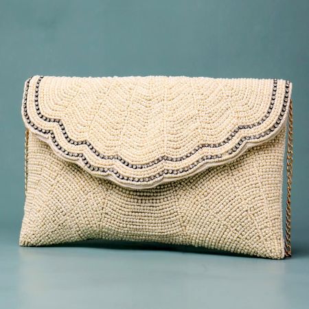 Ivory Elegance Scalloped Beaded Clutch with Gold Chain Strap